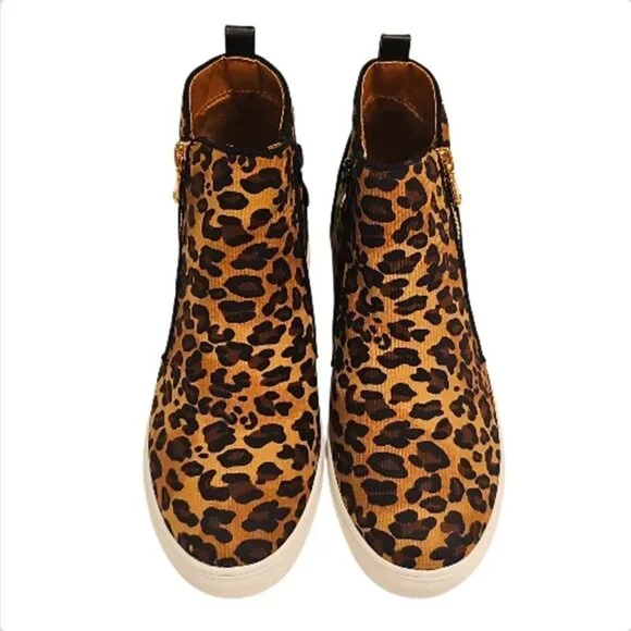 Leopard Print Side-Zip Wedge Sneakers For Women Faux Leather Upper Rubber Sole - Picture 3 of 10